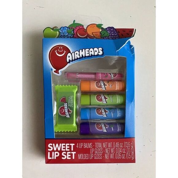 Airheads Sweet Lip Set Flavored 4 Lip Balms Lip Gloss And Molded Lip Gloss NEW - Picture 1 of 12
